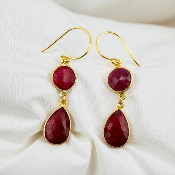 Faceted Ruby Teardrop Earrings Gold Vermeil - Picture 5 of 10